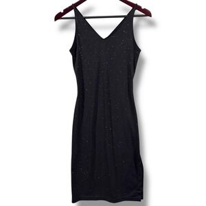 Alyn Paige Black Glitter V-Neck Sheath Spaghetti Strap Dress, Side Slit Size XS